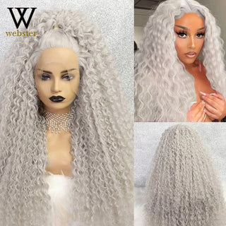 WDBY Beauty – Webster Silver Grey Deep Wave Synthetic Lace Front Wig (Glueless Long Curly Style for Women)