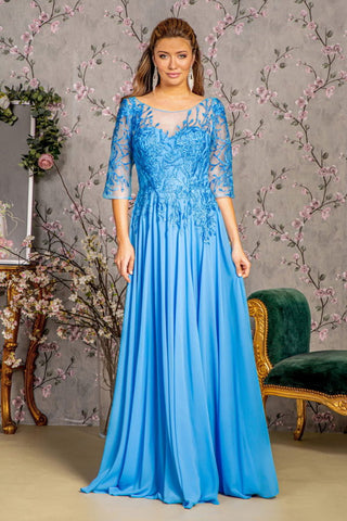 Bead Embroidery Sheer Neckline V-back Chiffon A-line Dress on model with blue chiffon skirt and lace sleeves.