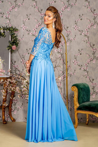 Bead Embroidery Sheer Neckline V-back Chiffon A-line Dress