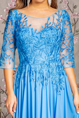 Bead Embroidery Sheer Neckline V-back Chiffon A-line Dress featuring intricate blue beadwork and sheer sleeves.